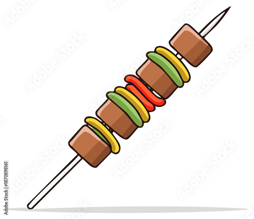 Cartoon style shish kebab illustration with meat and colorful bell peppers on a skewer