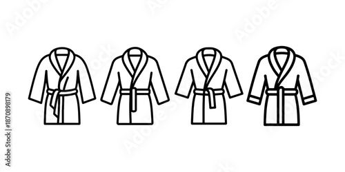 Four different styles of line drawing bathrobes featuring waist tie closure