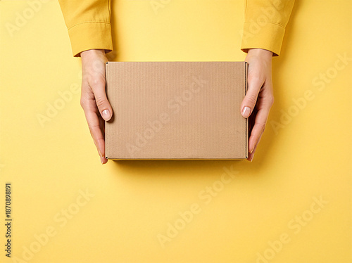 Female hands holding a plain cardboard box on yellow background with copy space. Concept of delivery, packaging, online shopping, e-commerce, gift, subscription box, business presentation. 