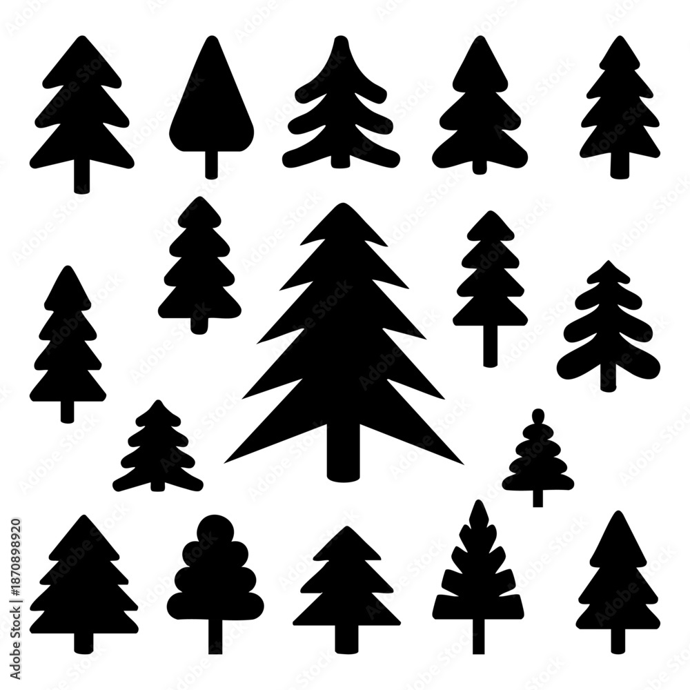 Obraz premium Set of black pine tree silhouettes and evergreen icons, Minimalist forest tree collection in flat vector style, Evergreen fir and spruce tree icons for nature design, Collection of conifer tree shapes