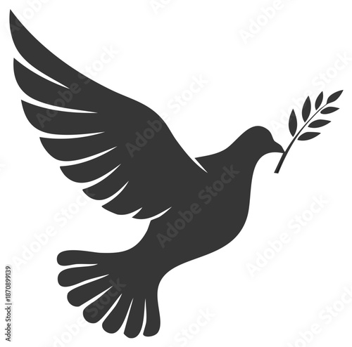 Silhouette of a flying dove with an olive branch symbol of peace hope and love