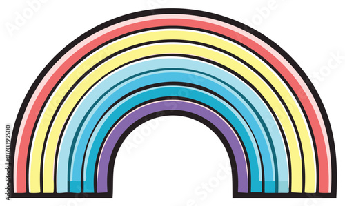 Colorful vibrant cartoon rainbow illustration with bold black outlines and cheerful spectrum of hues