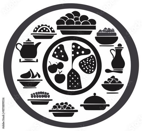 Circle arrangement of various food icons including fruit tea and cheese dishes