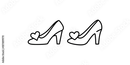 Pair of elegant high heel dress shoes with heart decoration in linear vector outline style
