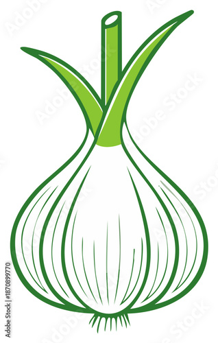 Stylized green line art illustration of a whole garlic bulb with fresh sprouts