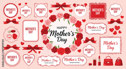 Happy Mothers Day decorative elements illustration set featuring frames labels ribbons flowers and festive symbols