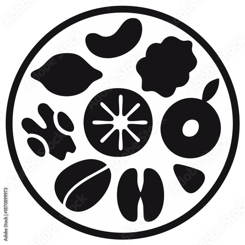 Assorted nuts and fruit inside a plate- Black and white minimalistic vector illustration