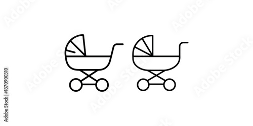 Two baby strollers or prams on white background, infant transport vector icons
