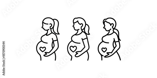Three simple line art icons depicting pregnant women in side profile with a heart symbol