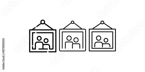 Three framed pictures hanging on wall showing outline icons of couples or people together