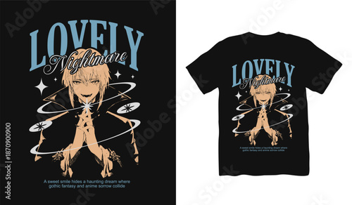 Lovely Nightmare Anime japanese t shirt designs, anime gothic streetwear graphic t shirt vector, girl dark art streetwear design, Youth Urban Design for Print, Urban Style, Graphic for Apparel.