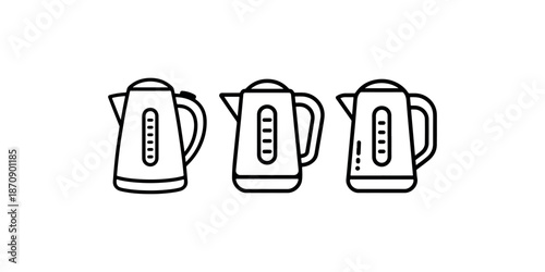 Three line art icons of electric kettles with water level indicators and handles