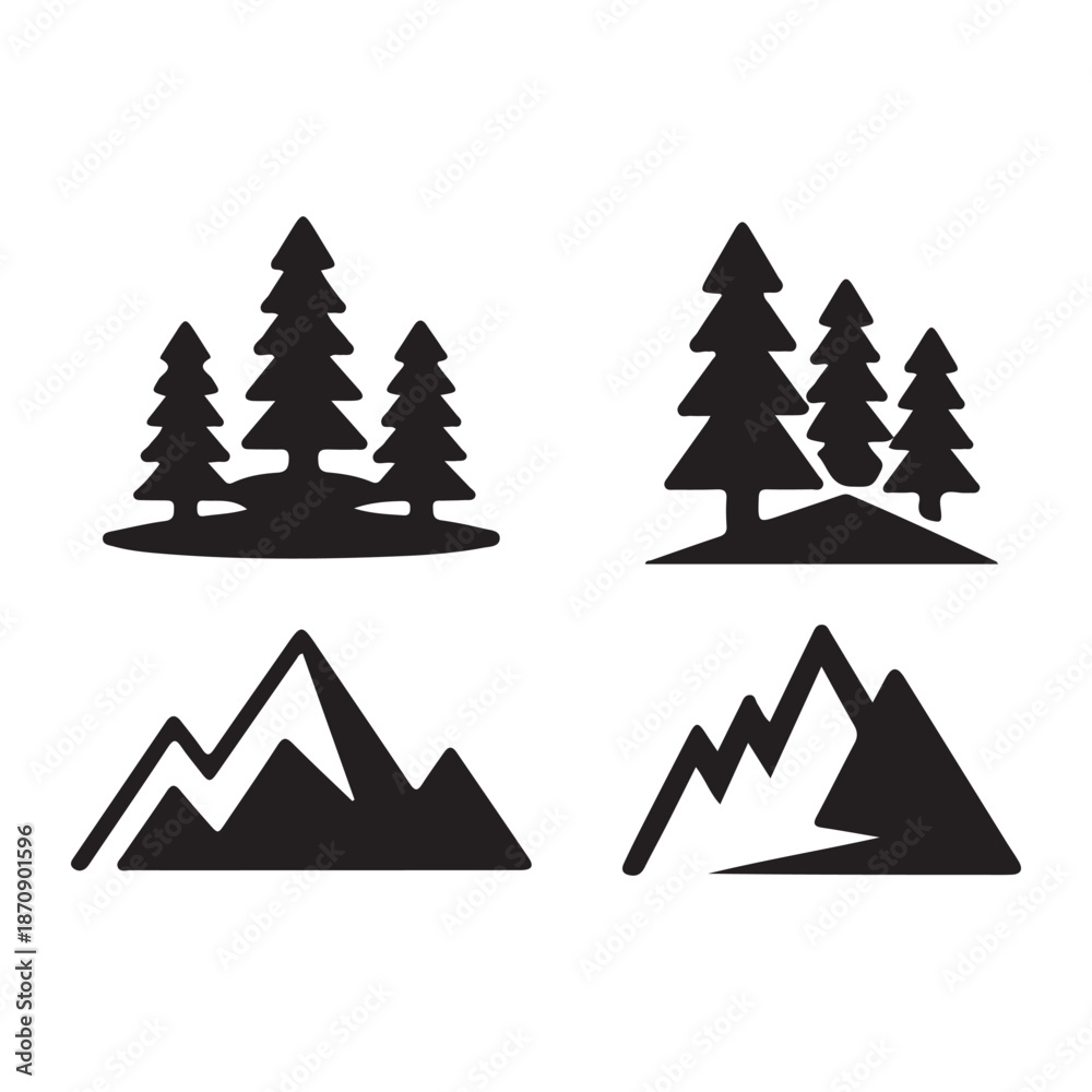 Obraz premium Set of Minimalist Nature Icons Featuring Forest Trees, Evergreen Pine, and Mountain Peak Silhouettes