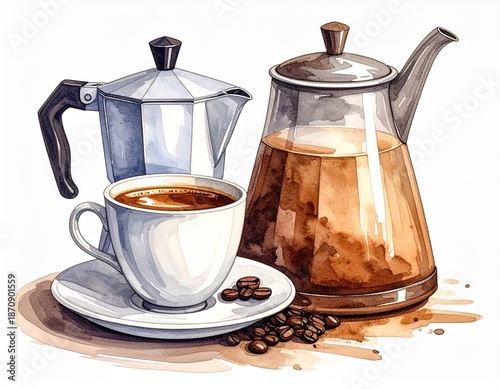 cup of cofeee with a pot and coffee beans, watercolor drawing