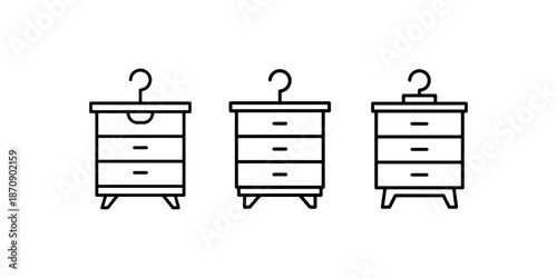 Three chest of drawers icons with clothes hanger in black outline style on white background