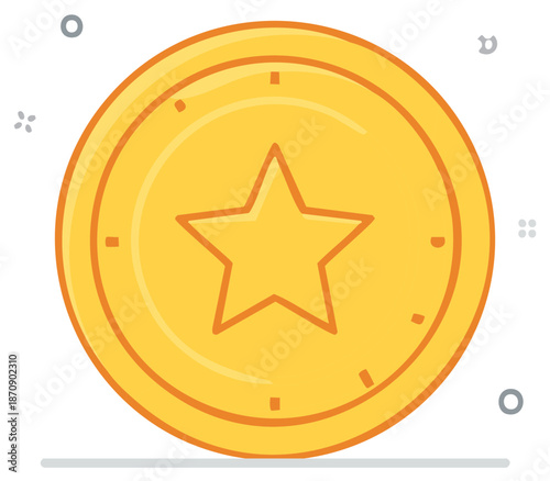 Shiny golden coin with star emblem. Depicts value, achievement, reward or special privilege.