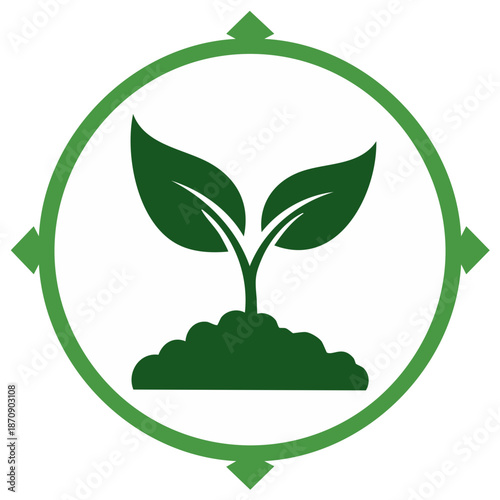 Green Sprout Emerging in Circle Compass for Environmental and Agricultural Concepts