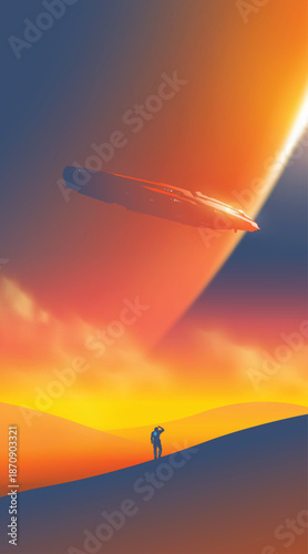 Vector illustration of a futuristic spaceship hovering over a desert landscape with an astronaut silhouette at sunset.