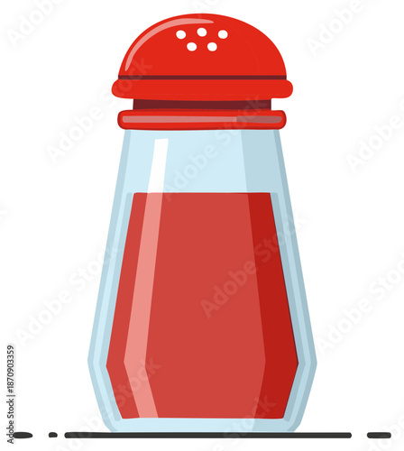 Stylized glass condiment shaker with red contents and lid for seasonings