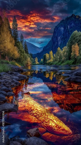 Enchanted River with Majestic Creature Reflection