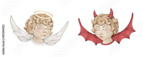 Illustration with cute angel and devil with wings in vintage style