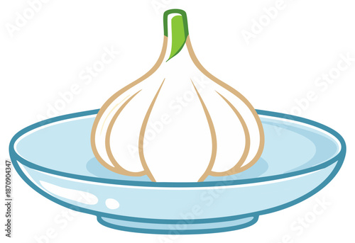 Cartoon Style White Garlic Bulb Resting in Light Blue Shallow Dish Ready for Use in Cooking