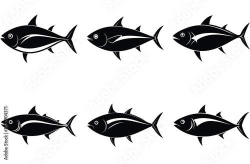 Fishes, silhouette vector icons, ocean, river or sea and lake fishing fish. Pike, tuna or crucian, swordfish and flounder, carp, sheatfish and bream, perch and pike