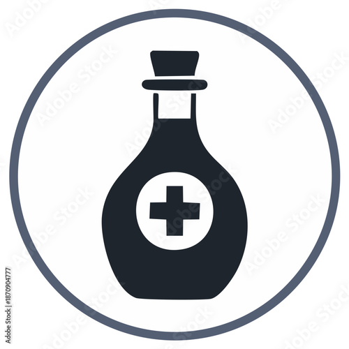 Healthcare symbol of a medical flask with a plus sign inside a circle