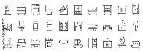 Furniture and home decor line icon set. Stylish home interior icon set. Featuring furniture, living room, bedroom, and bathroom essentials. Furniture line icon set.