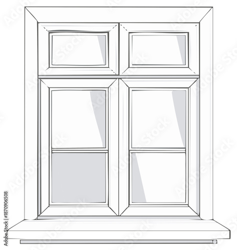 Traditional Window Frame with Multiple Panes and Sill Outline Drawing
