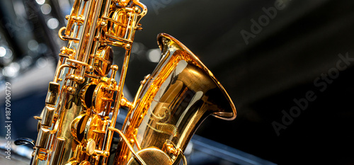 Tableau sur toile Alto saxophone closeup, instrument valve, macro details, musical instrument background