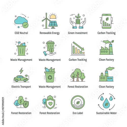 Collection of 16 high-quality vector icons focusing on Net Zero goals, carbon offsetting, green technology, and climate change solutions. Perfect for corporate ESG reports and eco-friendly branding