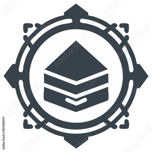 Islamic Religion Symbol: Geometric Kaaba Icon Inside Circle Compass Design