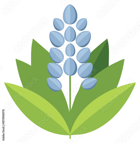 Illustration of bluebell-like flower with green leaves in flat style, floral element, botanical illustration