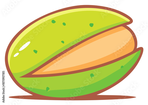 Cartoon illustration of a pistachio nut in its shell opened with its creamy interior.