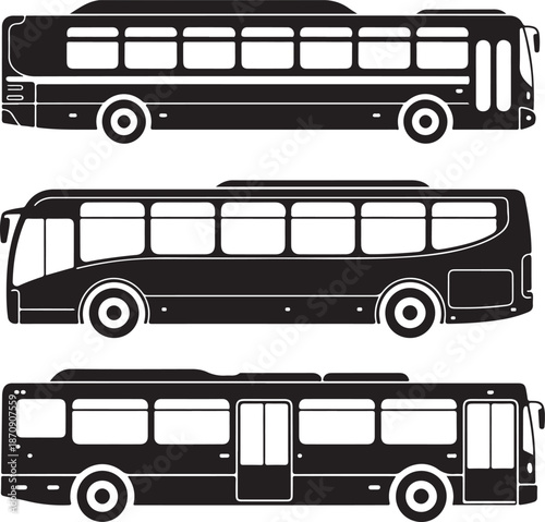 blackandwhite illustrations of different buses from various angles