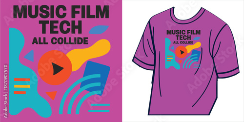 South by Southwest Music Film Tech All Collide Graphic Design, Abstract Shapes, Play Button Symbol, Pink Background, T-Shirt Art for Creative Fusion