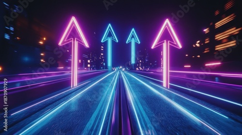 Neon arrows pointing up over a street with light streaks in a cityscape