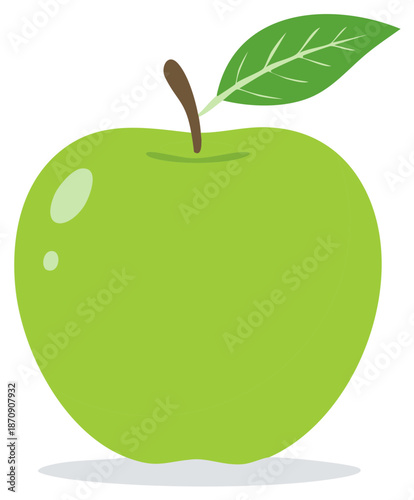 Bright green apple illustration with stem and leaf representing healthy food and fresh nutrition