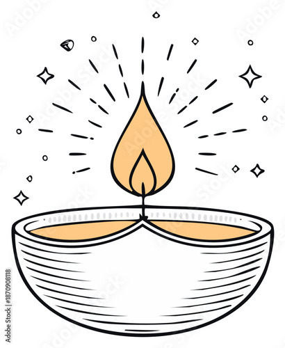 Hand drawn doodle of a traditional Diya oil lamp with a glowing flame for Diwali festival celebration
