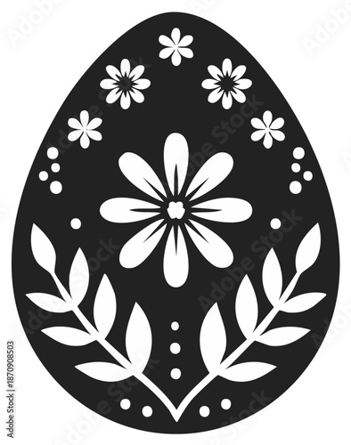 Decorative Easter egg with elegant floral folk art pattern and delicate leaves