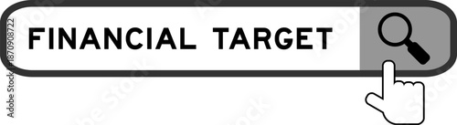 Search banner in word financial target with hand over magnifier icon on white background