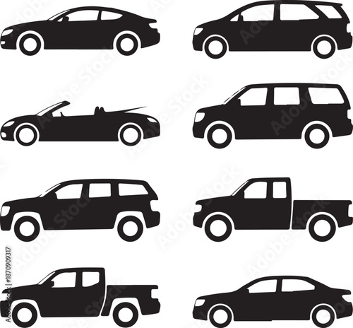 Collection of various car types and models in silhouette on white background