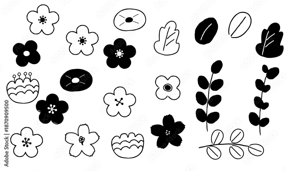 Fototapeta premium 手描き風の花と葉のシンプル植物装飾素材