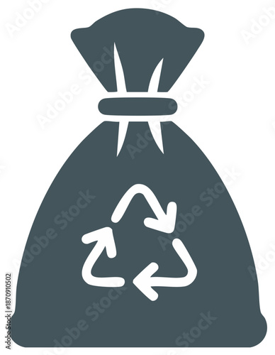 Tied trash bag icon with recycling symbol for waste management and sustainability