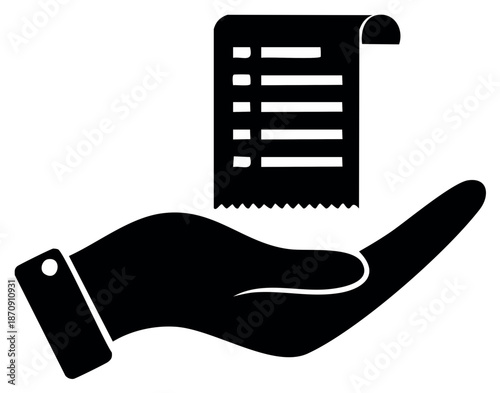 Black silhouette icon of a hand holding a paper receipt or bill for payment and shopping concepts