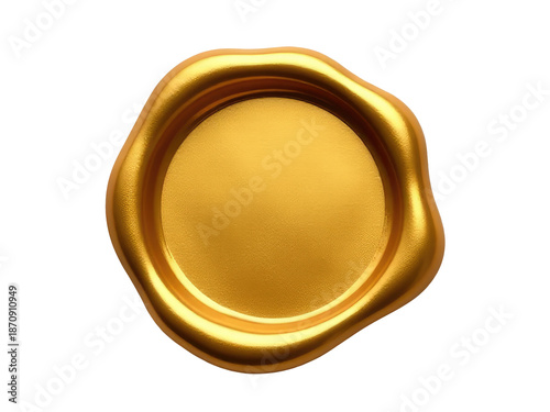 A golden wax seal placed on a clean white surface, ready for use or display