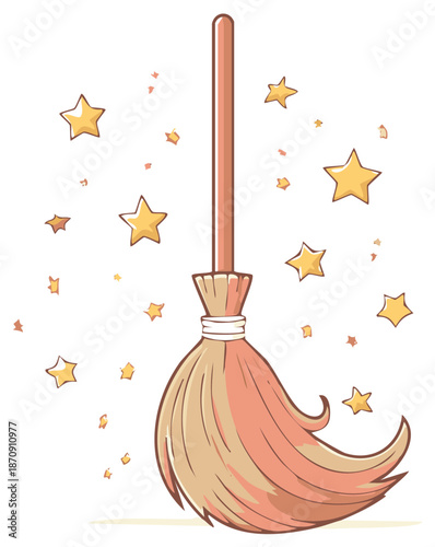 Whimsical broom illustration surrounded by sparkling stars, magic fantasy cleanup, cartoon style rendering, vector drawing