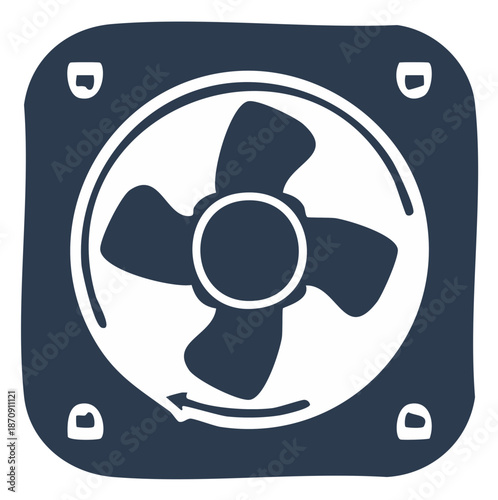 Simple dark blue fan icon with white outline depicting rotation movement