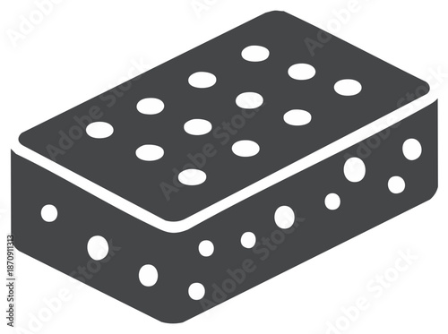 Stylized dark gray sponge with white circular pores in isometric perspective